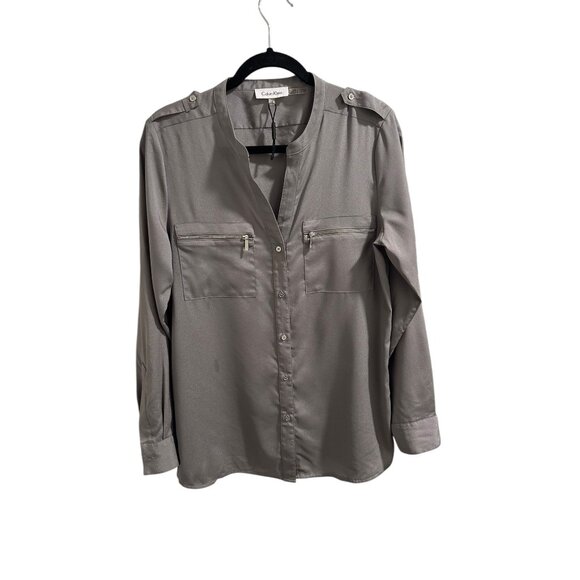 👗 2/$30 👗Calvin Klein Womens Long Sleeve Button-Up Shirt Gray Size M Polyester - Picture 1 of 9